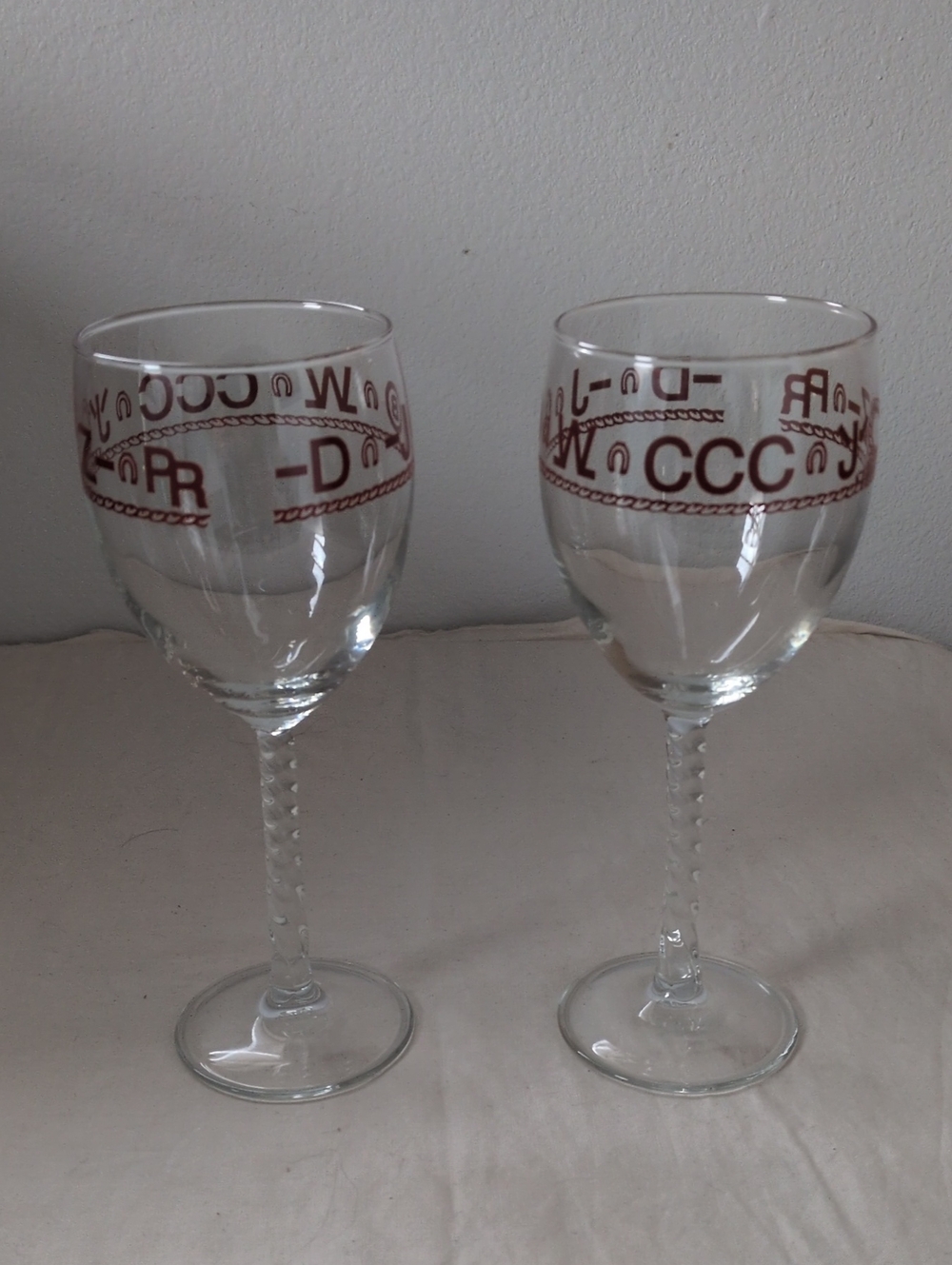 Red Lettering Stemmed Wine Glasses